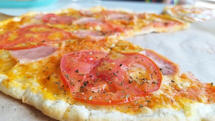 Indulge in a Delicious Pizza Slice topped generously with Fresh Tomato and Creamy Cheese