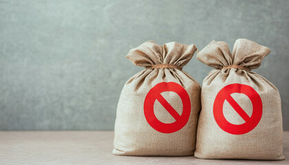 Two burlap sacks with red 'no' symbols, suggesting a warning or prohibition against something.