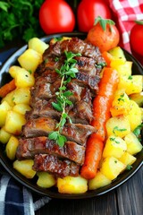 Fototapeta premium Cortes de carne de res asada servidos con papas y zanahorias doradas en un plato negro, decorado con hierbas. 