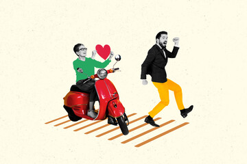 Fototapeta premium Composite photo collage of happy girl ride retro scooter moped hold valentine day heart man run romance date isolated on painted background
