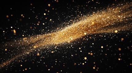 A burst of golden glitter particles suspended in mid-air against a black background, creating a dazzling effect.