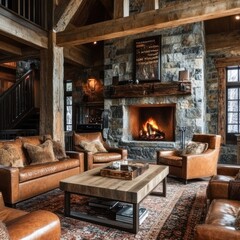 Cozy rustic living room with fireplace, leather sofas, and wooden beams.