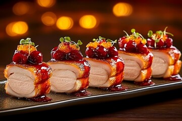  Pechugas de pato glaseadas servidas con salsa de cereza, decoradas con hierbas frescas y ralladura de naranja. 