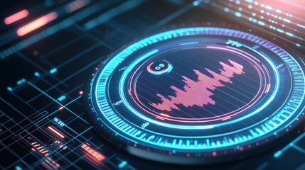 A vibrant digital display featuring a circular soundwave visualization in pink, surrounded by a futuristic interface with glowing elements.