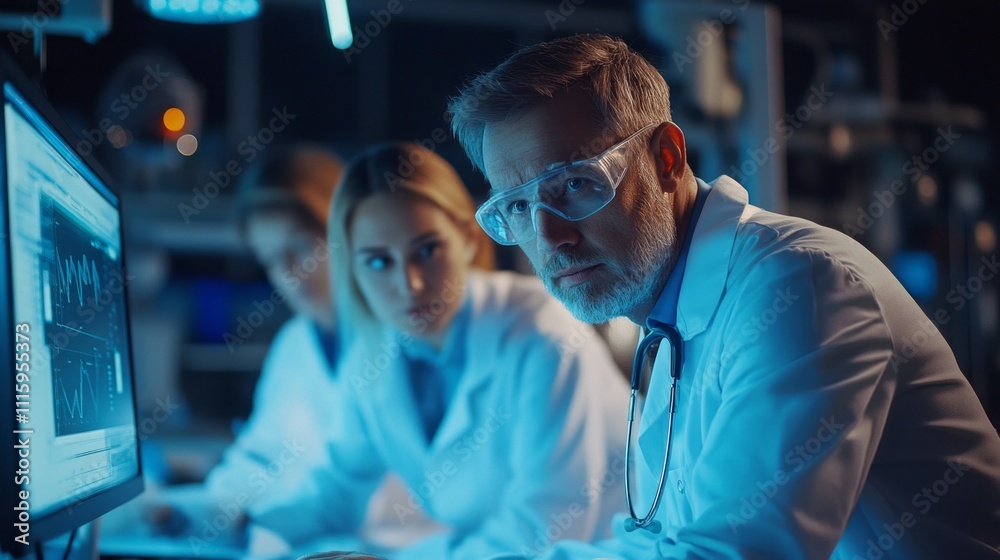 Poster A team of skilled doctors collaborates intently in a modern laboratory, reviewing data and discussing findings. Their commitment to patient care is evident as they work in a high-tech environment