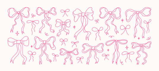 Set of hand drawn various pink bow knots, ribbons and bows in line style. Hair braiding accessories for woman. Coquette vintage illustration. Perfect for poster, cards, wedding invitations.