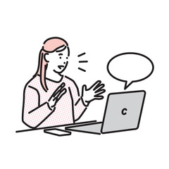 シンプル　イラスト　オンラインで英会話を学ぶ女性