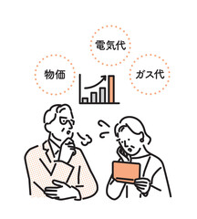 シンプル　イラスト　物価高騰に悩む高齢の夫婦の男性と女性