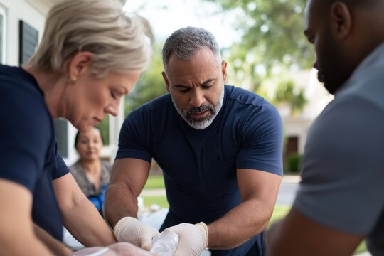 A focused medical team assists a patient in an emergency, highlighting their dedication and compassion in a critical healthcare scenario where teamwork is vital.