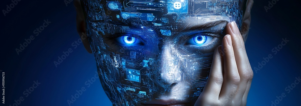 Aufkleber a close-up image of an ai robot's face featuring glowing blue accents, showcasing advanced technolog