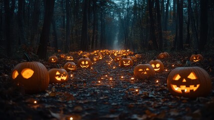 Lit jack-o'-lanterns line a dark forest path.