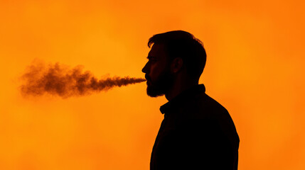 Silhouette of a man exhaling smoke against a vivid orange background.