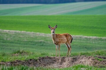 A lone deer grazes in a sun-drenched forest clearing.. Beautiful simple AI generated image