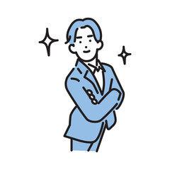 シンプル　イラスト　自信満々で星を散らすビジネスマン