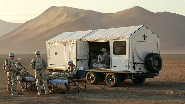 Mobile Military Clinic in Desert Conditions with Medics and Patients