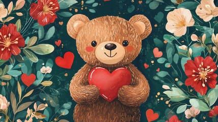 Cute bear holding a heart surrounded by colorful flowers and hearts in a vibrant design