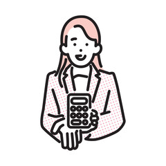 シンプル　イラスト　電卓を持って見積もり提案をするビジネスパーソン