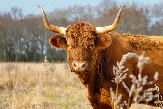 Bos taurus retinta cow in a grassy field during bright daylight in a rural setting