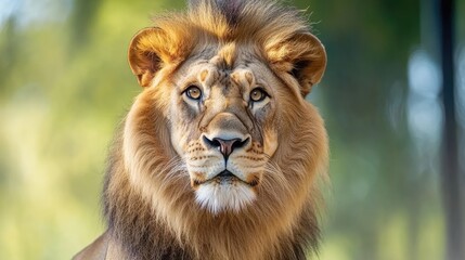 Majestic male lion portrait, golden mane, intense gaze.