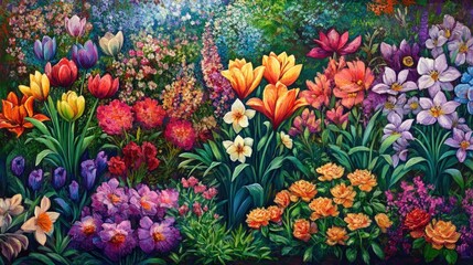 A vibrant garden in full bloom, with a wide variety of flowers and plants growing in harmony.