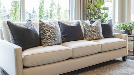 Beige sofa with patterned pillows near window.