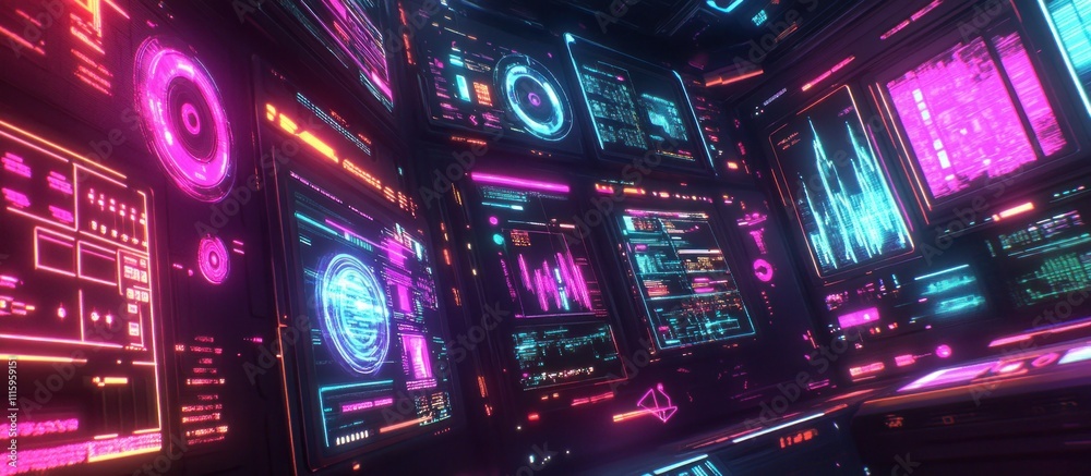Wall mural futuristic neon control room with glowing screens displaying data and graphs.