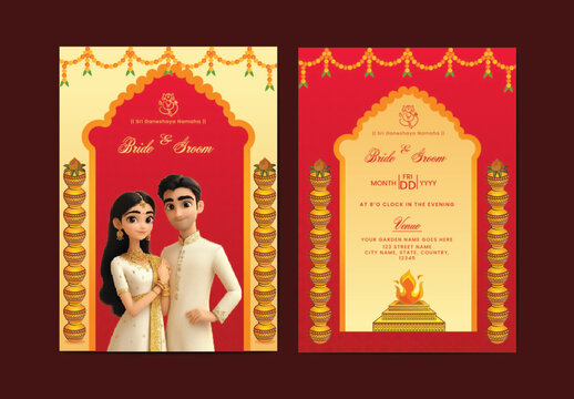 Fully editable, Hindu Wedding Invitation Card Design with 3D Render Image of a Cute Bride and Groom, and Place Holder for the Details. 