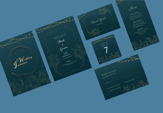 Fully Editable Wedding Stationery with Line-art Floral llustrations. 