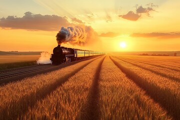 Fototapeta premium Sunset steam train across golden wheat field.