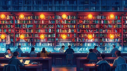 Illustration of a library scene featuring people reading and studying at desks, surrounded by tall bookshelves and glowing lights.
