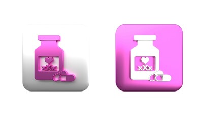 Colorful Medicine bottle with pills for potency, aphrodisiac icon isolated on white background. Sex pills for men and women. Square button. 3D render illustration