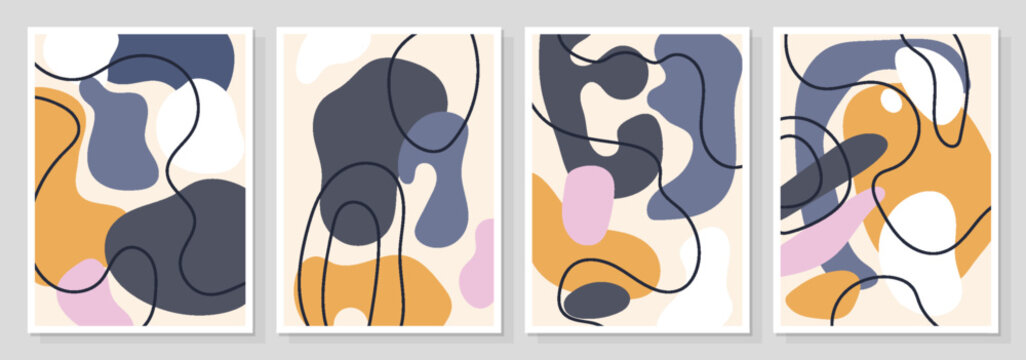 Abstract Wall Art Cards With Colorful Hand Drawn Organic and Modern Shapes. Trendy poster collection perfect for print, home decor, covers, wallpaper