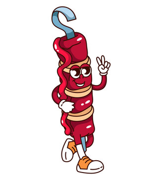 recommend clip art: Groovy kebab on skewer cartoon character with hippie peace gesture. Funny retro grilled meat with ketchup walking to BBQ party. Picnic mascot, cartoon kebab sticker of 70s 80s vector illustration