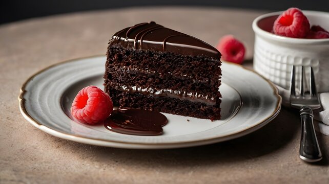 A rich slice of chocolate cake with glossy ganache, served on a white plate, with a few fresh raspberries on the side, soft light highlighting its texture.