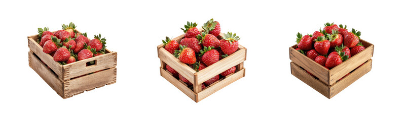 Fresh Ripe Strawberries in Wooden Crates for Seasonal Berries on transparent background
