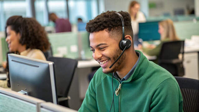 Green dressed brown young man with a headset smiling, working as a call center operator in a busy office. Bussineswoman, representative, operator, assists with customer support and communication