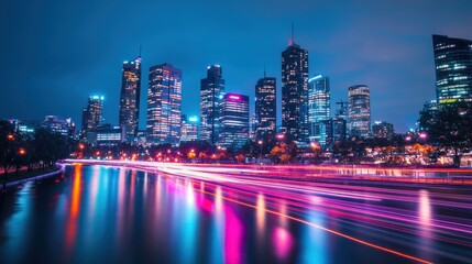 Vibrant city skyline at night with light trails reflecting on water.