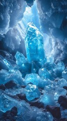 Fototapeta premium Majestic blue crystal formation inside a shimmering ice cave