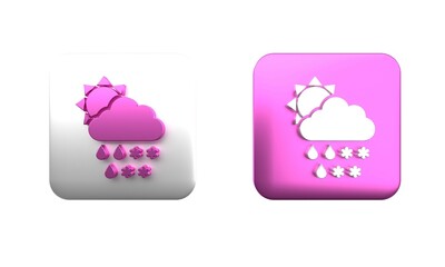 Colorful Cloud with snow, rain and sun icon isolated on white background. Weather icon. Square button. 3D render illustration