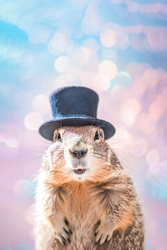 Closeup of a cute groundhog in a hat on light background, copy space