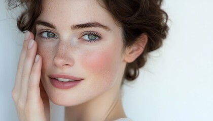 Fototapeta premium A close-up portrait of a woman with natural makeup and freckled skin, smiling gently.