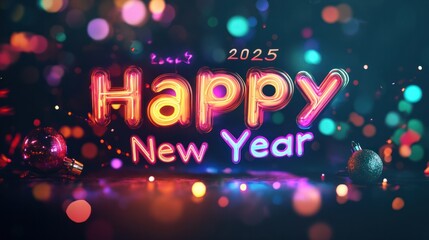 Vibrant "2025 Happy New Year" typography glowing with light effects and surrounded by festive decor, on a dark background