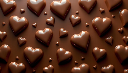 Fototapeta premium Delicious chocolate hearts arranged in a beautiful pattern on a glossy surface