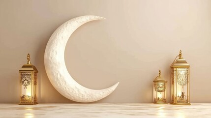 Elegant Ramadan Decor: Crescent Moon with Illuminated Lanterns