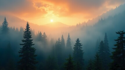 A Timeless Misty Landscape: Fir Forest in Vintage Retro Style, Capturing the Mystical Atmosphere of Nature's Foggy Embrace