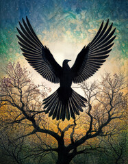 Fototapeta premium A beautiful silhouette of a bird in front of the sun over a tree and magical forest in high resolution detail