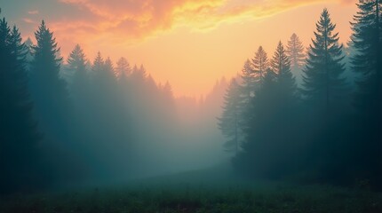 Fototapeta premium Through the Mist: A Fir Forest in a Vintage Retro Aesthetic, Revealing the Enigmatic Beauty of Nature Veiled in Fog