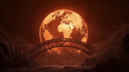 Obraz premium globaleconomy recession concept. A dramatic scene featuring a glowing orange moon rising behind a bridge, with a stylized depiction of the Earth visible.