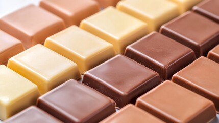 Fototapeta premium Delicious background with small pieces of milk, dark, and white chocolate, offering a tempting and indulgent sweet treat