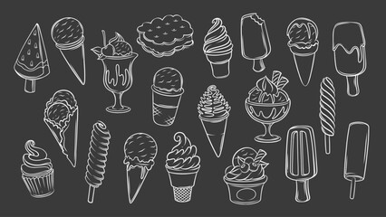 Ice cream doodle icons set. Funny chalk vintage sketches of different gelato and popsicles on blackboard. Summer dessert menu mascot, hand drawn ice cream icons collection vector illustration